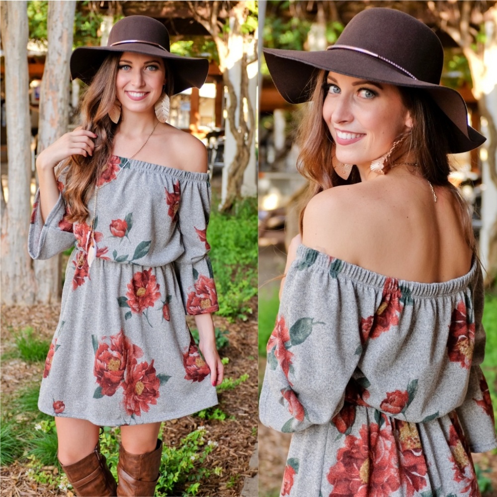 ❤️LAST ONE!  Soft Gray Floral Off Shoulder dress - Picture 4 of 4
